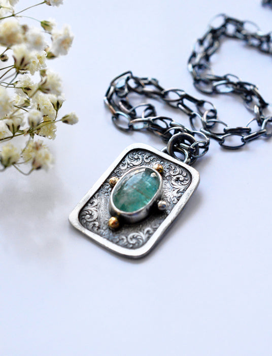 RESERVED FOR DEBORAH/ Dainty Aqua Kyanite Pendant in Etched Silver