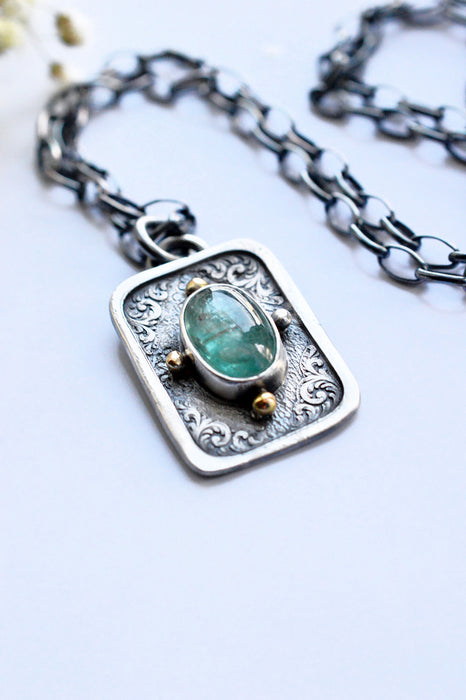 RESERVED FOR DEBORAH/ Dainty Aqua Kyanite Pendant in Etched Silver