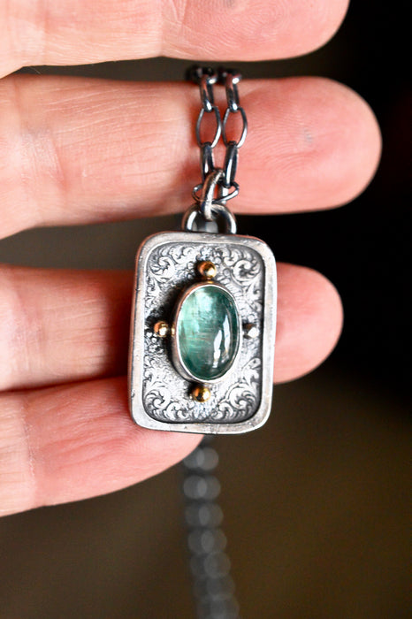 RESERVED FOR DEBORAH/ Dainty Aqua Kyanite Pendant in Etched Silver