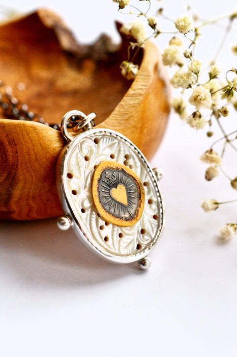 Nordic Relic No.9 - Carved Mother of Pearl Necklace in Silver with Gold Detail