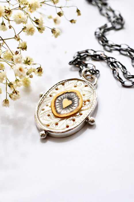 Nordic Relic No.9 - Carved Mother of Pearl Necklace in Silver with Gold Detail