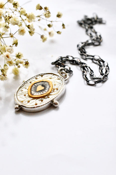 Nordic Relic No.9 - Carved Mother of Pearl Necklace in Silver with Gold Detail