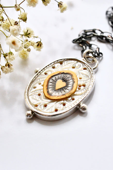 Nordic Relic No.9 - Carved Mother of Pearl Necklace in Silver with Gold Detail