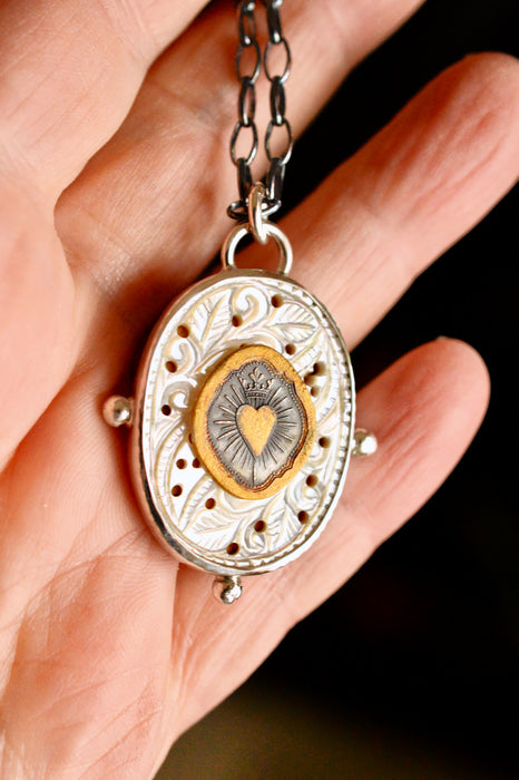 Nordic Relic No.9 - Carved Mother of Pearl Necklace in Silver with Gold Detail