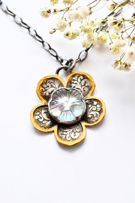 Aurora Meadow - Carved Mother of Pearl Flower Necklace