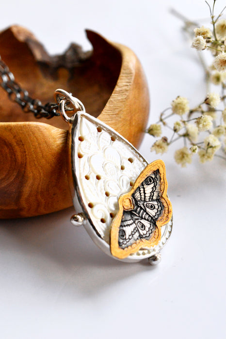 Nordic Relic No.10 - Carved Mother of Pearl Necklace in Silver with Gold Detail