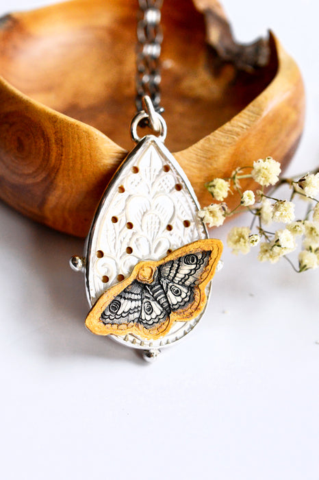 Nordic Relic No.10 - Carved Mother of Pearl Necklace in Silver with Gold Detail