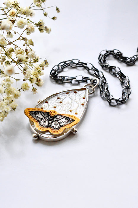 Nordic Relic No.10 - Carved Mother of Pearl Necklace in Silver with Gold Detail