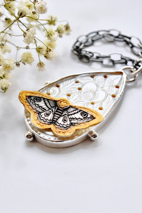 Nordic Relic No.10 - Carved Mother of Pearl Necklace in Silver with Gold Detail