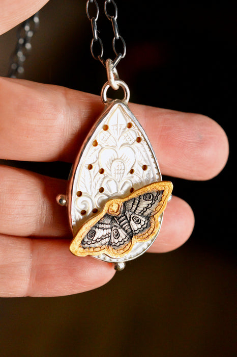 Nordic Relic No.10 - Carved Mother of Pearl Necklace in Silver with Gold Detail