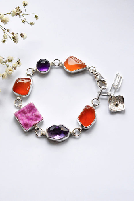 Carnelian, Amethyst & Cobalto Calcite Druzy Silver Bracelet