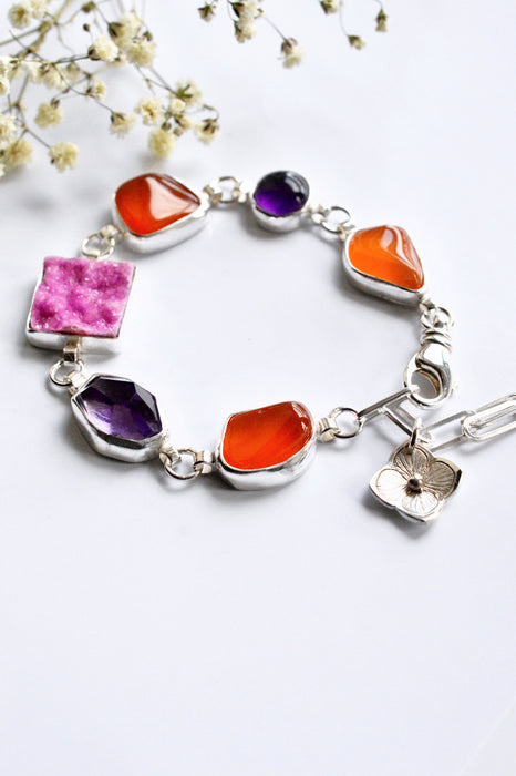 Carnelian, Amethyst & Cobalto Calcite Druzy Silver Bracelet