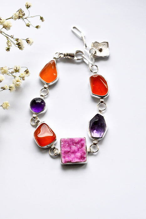 Carnelian, Amethyst & Cobalto Calcite Druzy Silver Bracelet