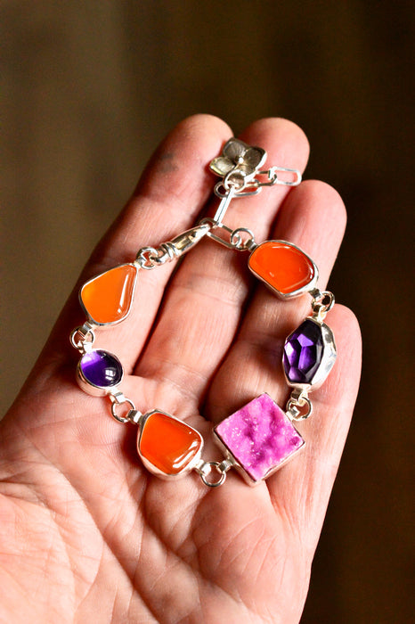 Carnelian, Amethyst & Cobalto Calcite Druzy Silver Bracelet