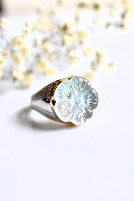 Sand Cast Silver Ring with Carved Mother of Pearl