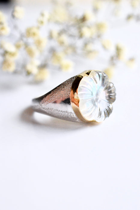 Sand Cast Silver Ring with Carved Mother of Pearl