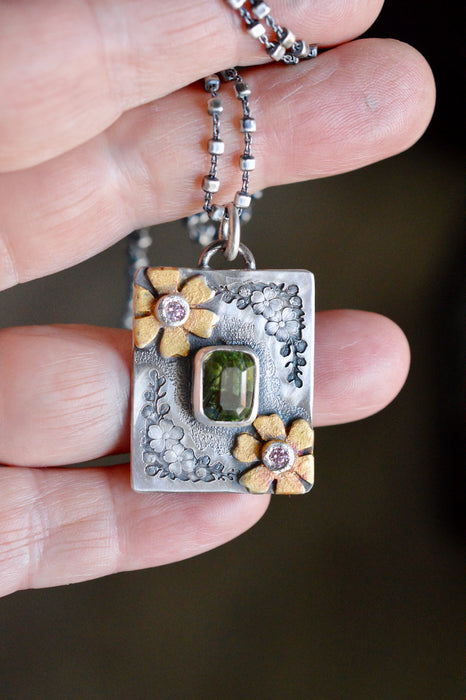 Forest Light Keepsake Necklace - Ludwigite Pendant in Silver with Floral Details