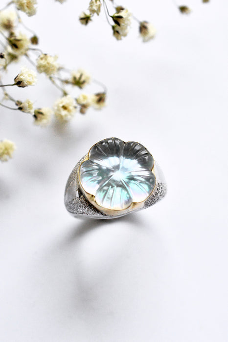 Sand Cast Silver Ring with Carved Mother of Pearl