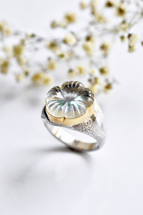 Sand Cast Silver Ring with Carved Mother of Pearl