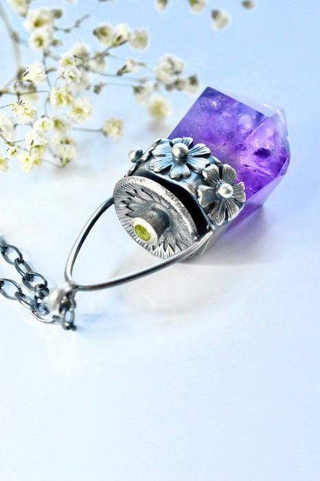 Amethyst Crystal Pendant Necklace with Floral Details