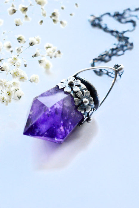 Amethyst Crystal Pendant Necklace with Floral Details