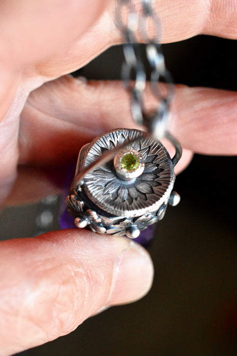 Amethyst Crystal Pendant Necklace with Floral Details