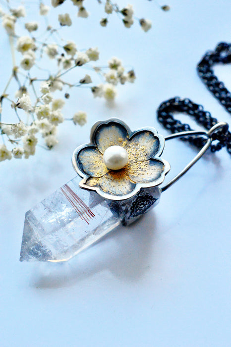 Rutilated Quartz Crystal Pendant Necklace with Floral Detail