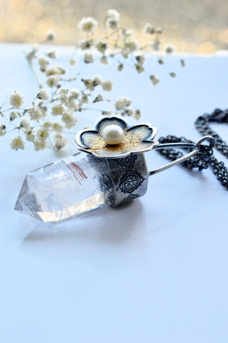 Rutilated Quartz Crystal Pendant Necklace with Floral Detail