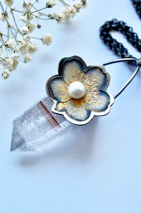 Rutilated Quartz Crystal Pendant Necklace with Floral Detail