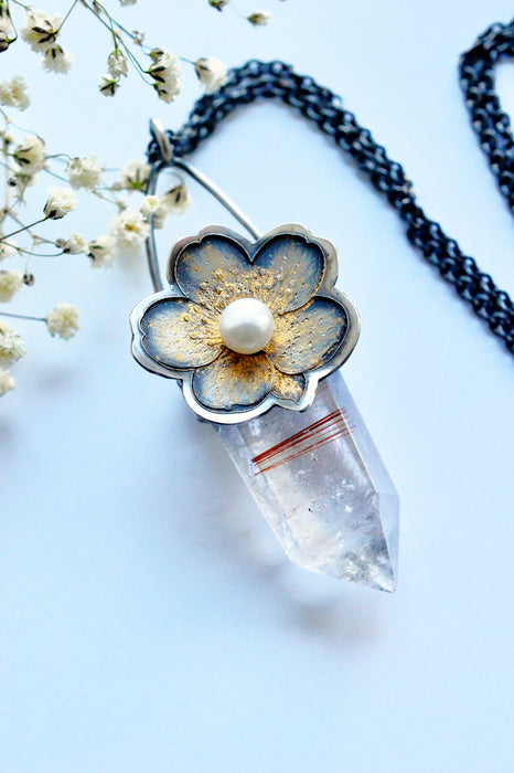 Rutilated Quartz Crystal Pendant Necklace with Floral Detail