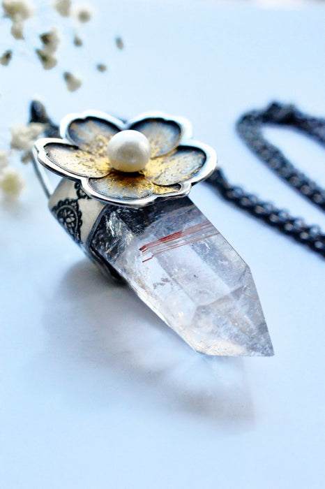 Rutilated Quartz Crystal Pendant Necklace with Floral Detail