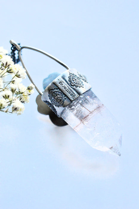 Rutilated Quartz Crystal Pendant Necklace with Floral Detail