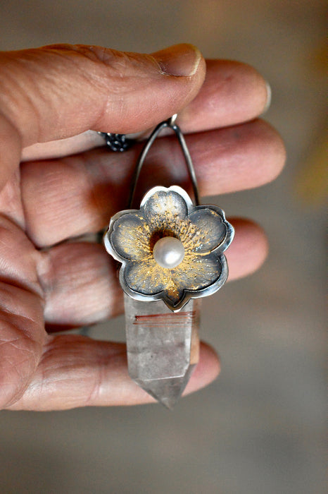 Rutilated Quartz Crystal Pendant Necklace with Floral Detail