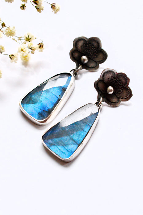 Handmade Silver Sakura Blossom Flower Earrings with Labradorite