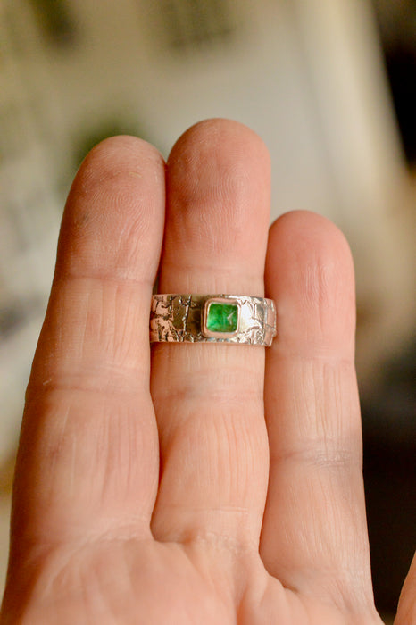 Weathered Ring - Sand Cast Silver with Emerald