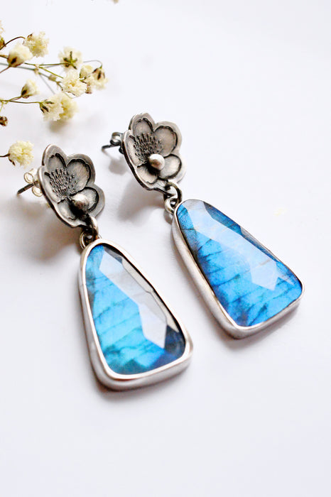 Handmade Silver Sakura Blossom Flower Earrings with Labradorite