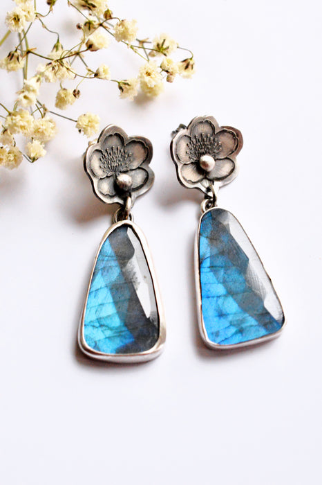 Handmade Silver Sakura Blossom Flower Earrings with Labradorite