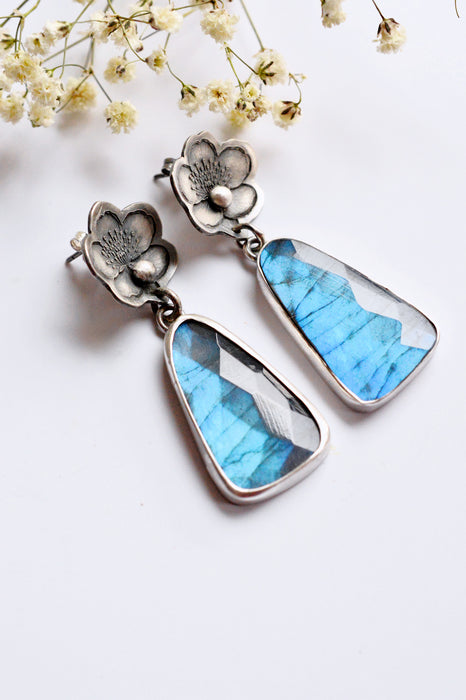 Handmade Silver Sakura Blossom Flower Earrings with Labradorite