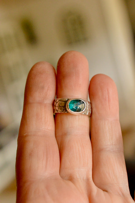 Weathered Ring - Sand Cast Silver with Teal Kyanite