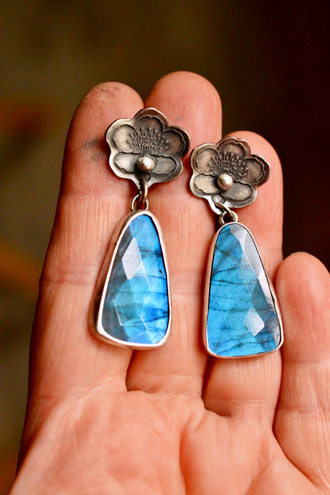 Handmade Silver Sakura Blossom Flower Earrings with Labradorite