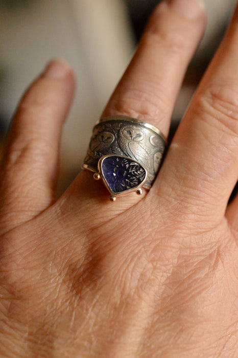 Carved Iolite Owl Ring