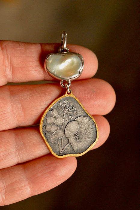 Wildflower Pearl Pendant in Silver and Gold (No2)