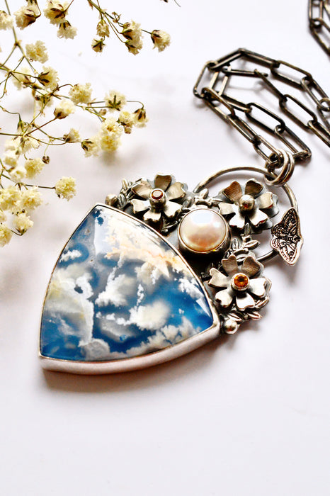 Plume Agate Statement Necklace in Silver