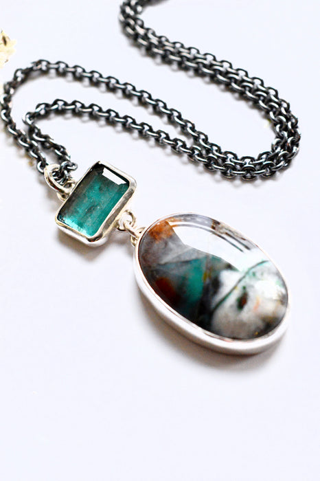 Opalized Wood and Kyanite Necklace