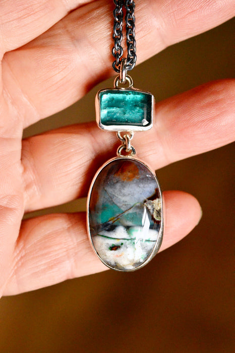 Opalized Wood and Kyanite Necklace