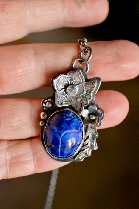 Carved Lapis Scarab & Moonstone Necklace