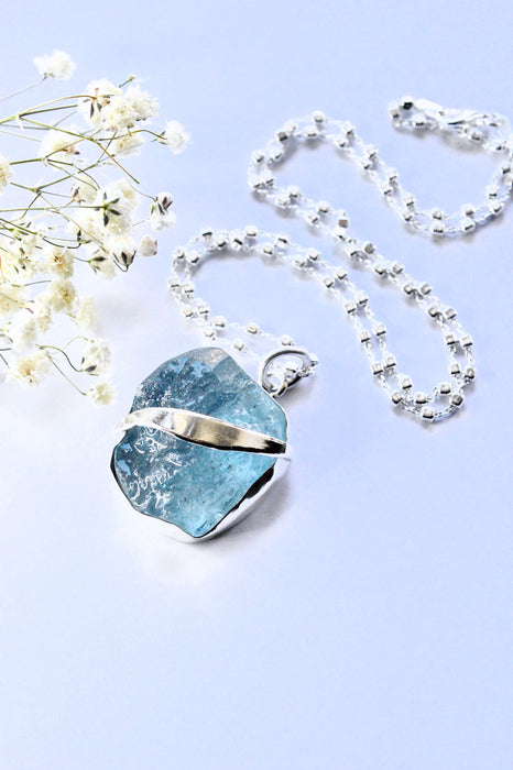 Raw Aquamarine Necklace in Silver