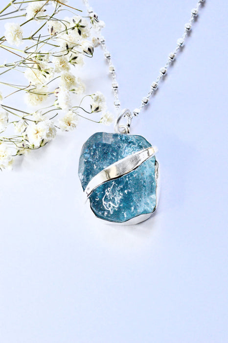 Raw Aquamarine Necklace in Silver