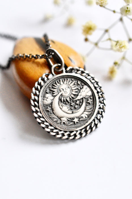 Celestial Style Etched Silver Pendant Necklace