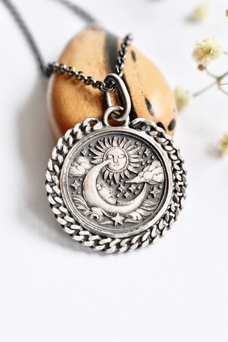 Celestial Style Etched Silver Pendant Necklace